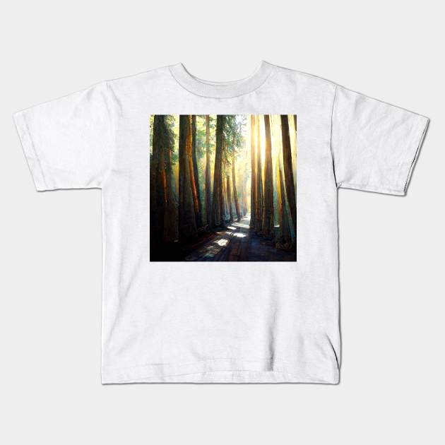 Tall trees lining a forest path as the sun shines through. Kids T-Shirt by Liana Campbell